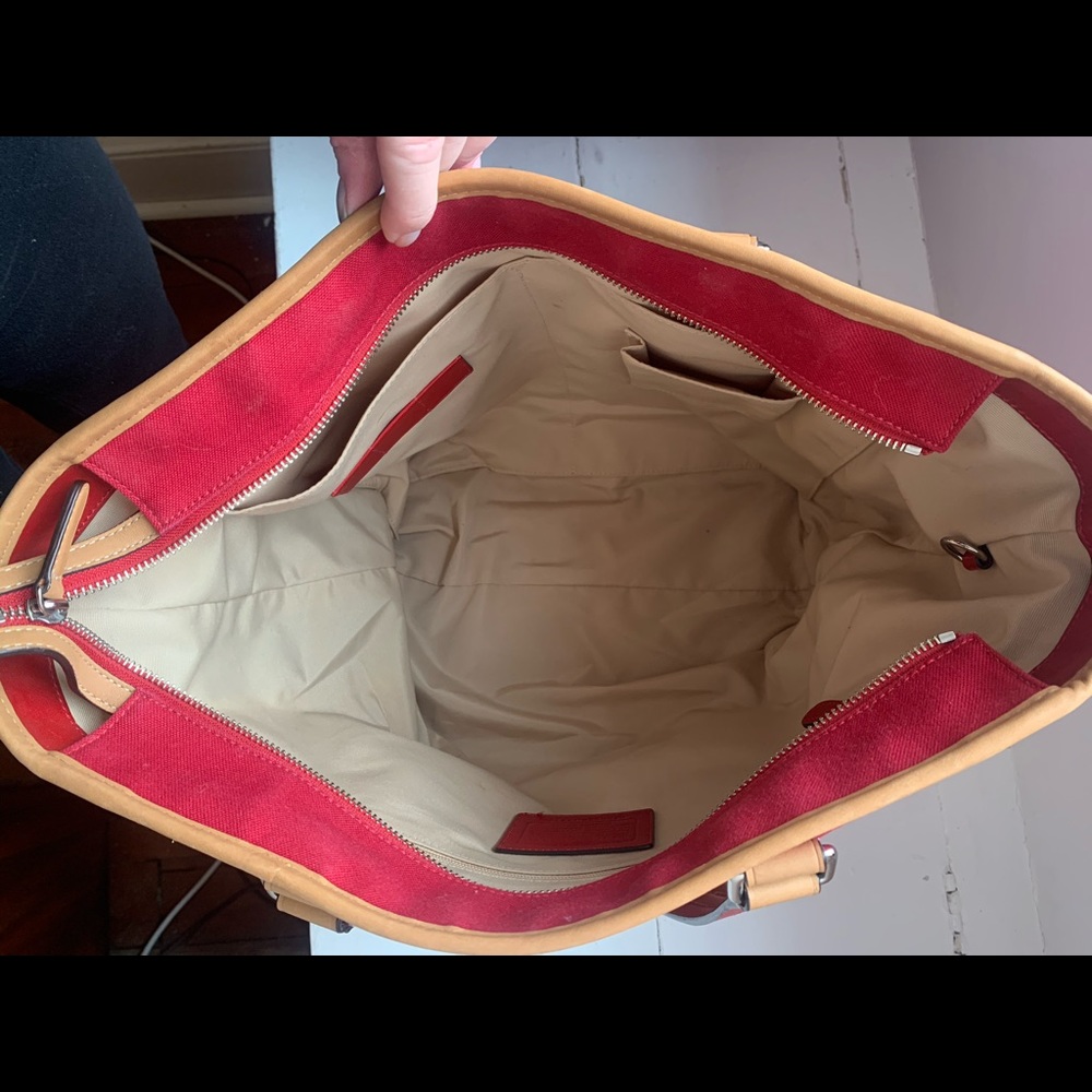 Coach Tote in Red canvas trimmed in leather. - Picture 6 of 9